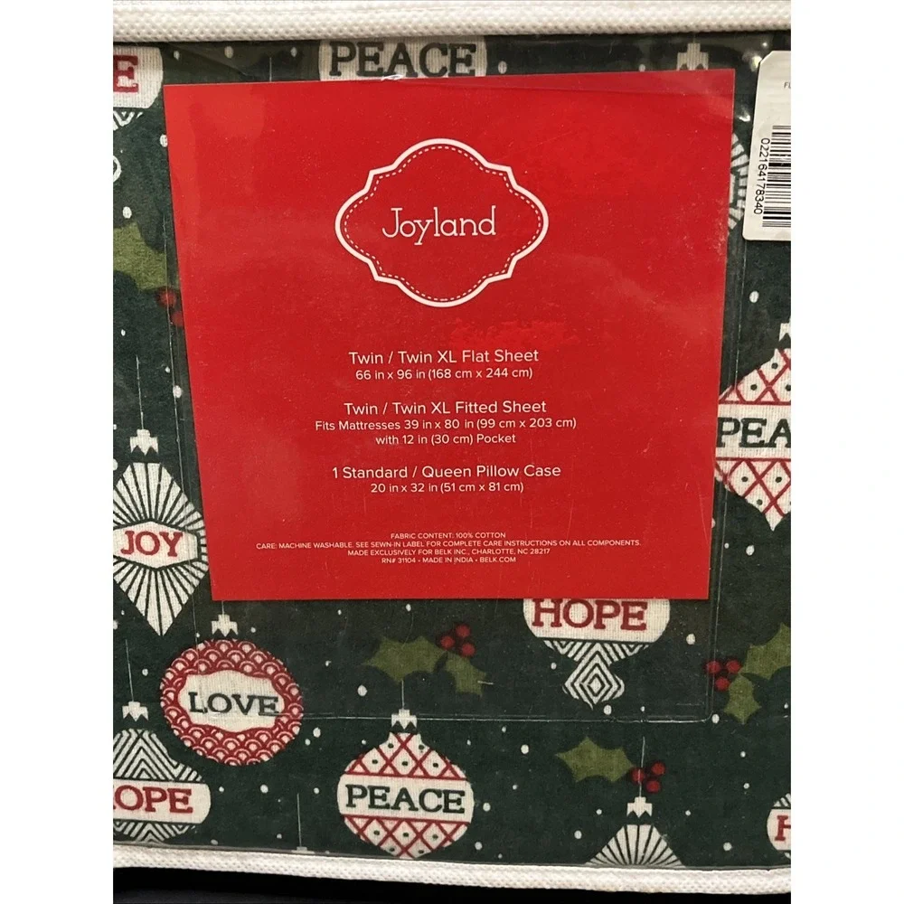 Joyland Flannel Twin/Twin XL Sheet Set Green Peace Joy Hope Christmas New